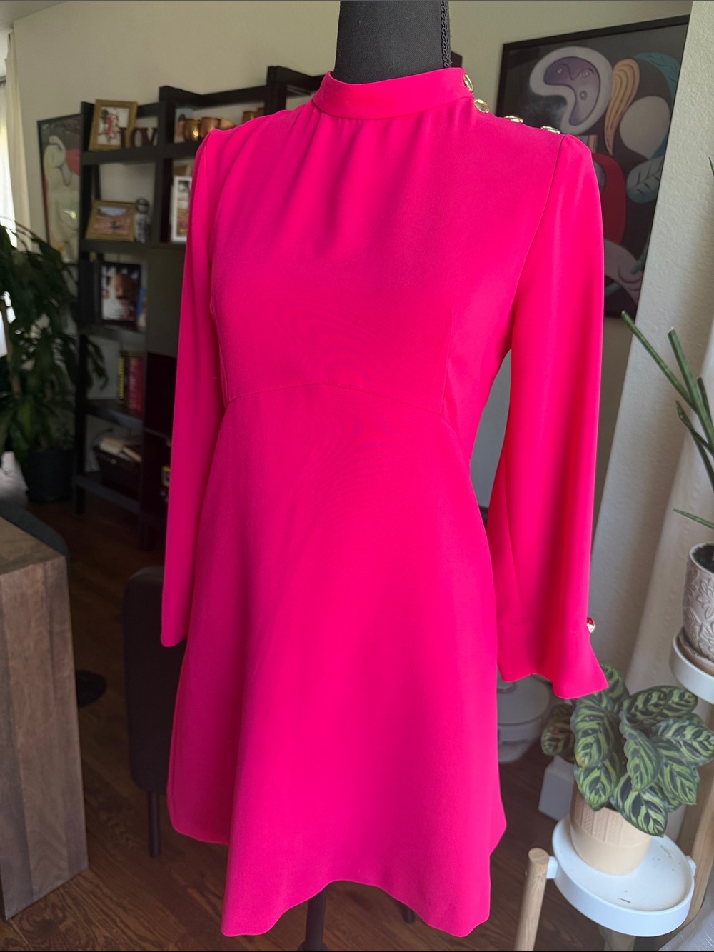Zara Vibrant Hot Pink Long Sleeve High-Neck Dress